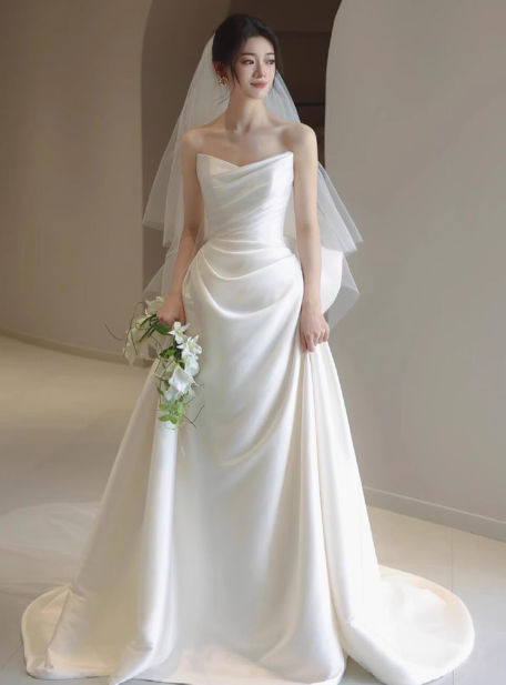 Dreamy Wedding Dress Sheath Sweetheart White Satin Summer Long Wedding Dresses Bridal Gowns W0737