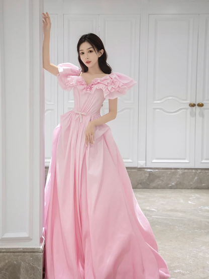 Pretty Ball Gown Sweetheart Satin Pink Long Quinceanera Dress Formal Gowns Vestido De 15 Anos Sweet 16 Dress W0737
