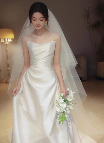 Dreamy Wedding Dress Sheath Sweetheart White Satin Summer Long Wedding Dresses Bridal Gowns W0737