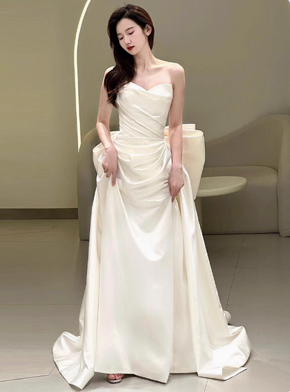 Dreamy Wedding Dress Sheath Sweetheart White Satin Summer Long Wedding Dresses Bridal Gowns W0737
