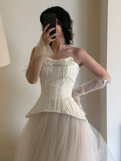 Dreamy Wedding Dress Ball Gown Strapless White Tulle Summer Long Wedding Dresses Bridal Gowns W0741