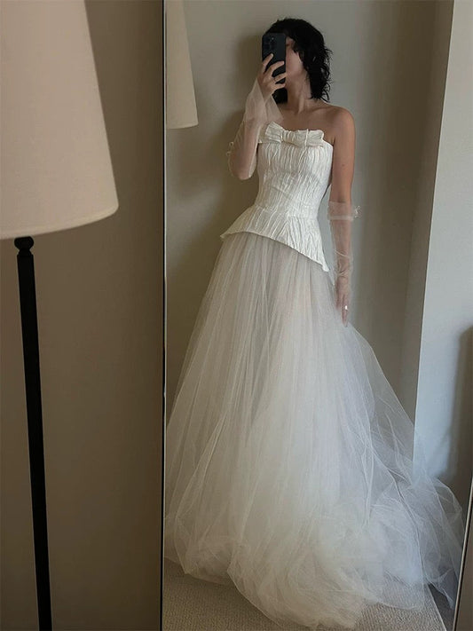 Dreamy Wedding Dress Ball Gown Strapless White Tulle Summer Long Wedding Dresses Bridal Gowns W0741