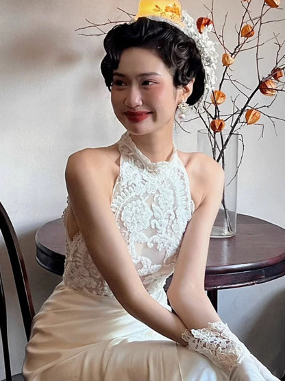Vintage Wedding Dress A line High Neck White Satin Summer Long Wedding Dresses Bridal Gowns W0746