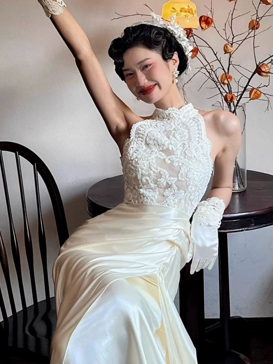 Vintage Wedding Dress A line High Neck White Satin Summer Long Wedding Dresses Bridal Gowns W0746