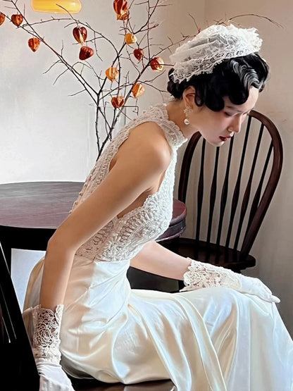 Vintage Wedding Dress A line High Neck White Satin Summer Long Wedding Dresses Bridal Gowns W0746