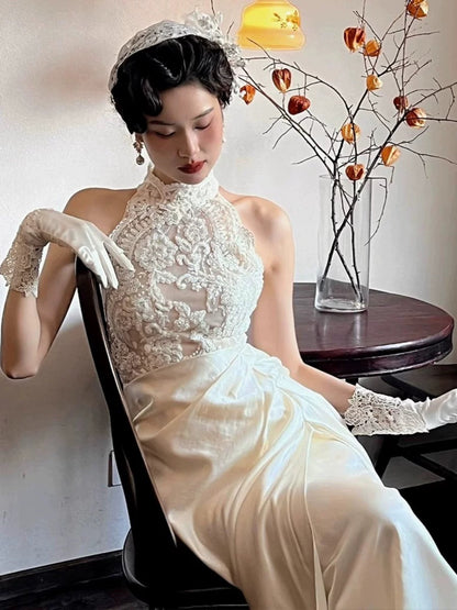 Vintage Wedding Dress A line High Neck White Satin Summer Long Wedding Dresses Bridal Gowns W0746