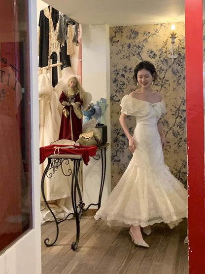 Vintage Wedding Dress Mermaid Off The Shoulder White Lace Summer Long Wedding Dresses Bridal Gowns W0747