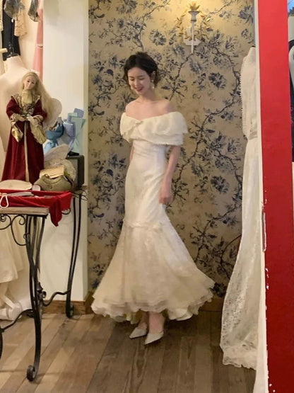 Vintage Wedding Dress Mermaid Off The Shoulder White Lace Summer Long Wedding Dresses Bridal Gowns W0747