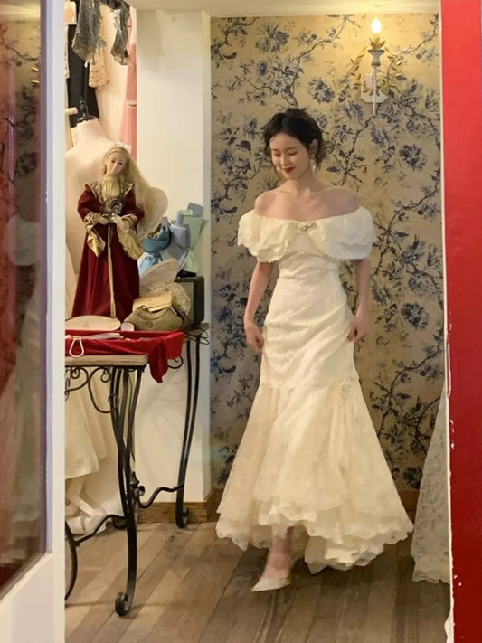 Vintage Wedding Dress Mermaid Off The Shoulder White Lace Summer Long Wedding Dresses Bridal Gowns W0747