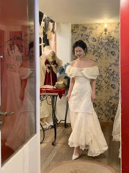 Vintage Wedding Dress Mermaid Off The Shoulder White Lace Summer Long Wedding Dresses Bridal Gowns W0747