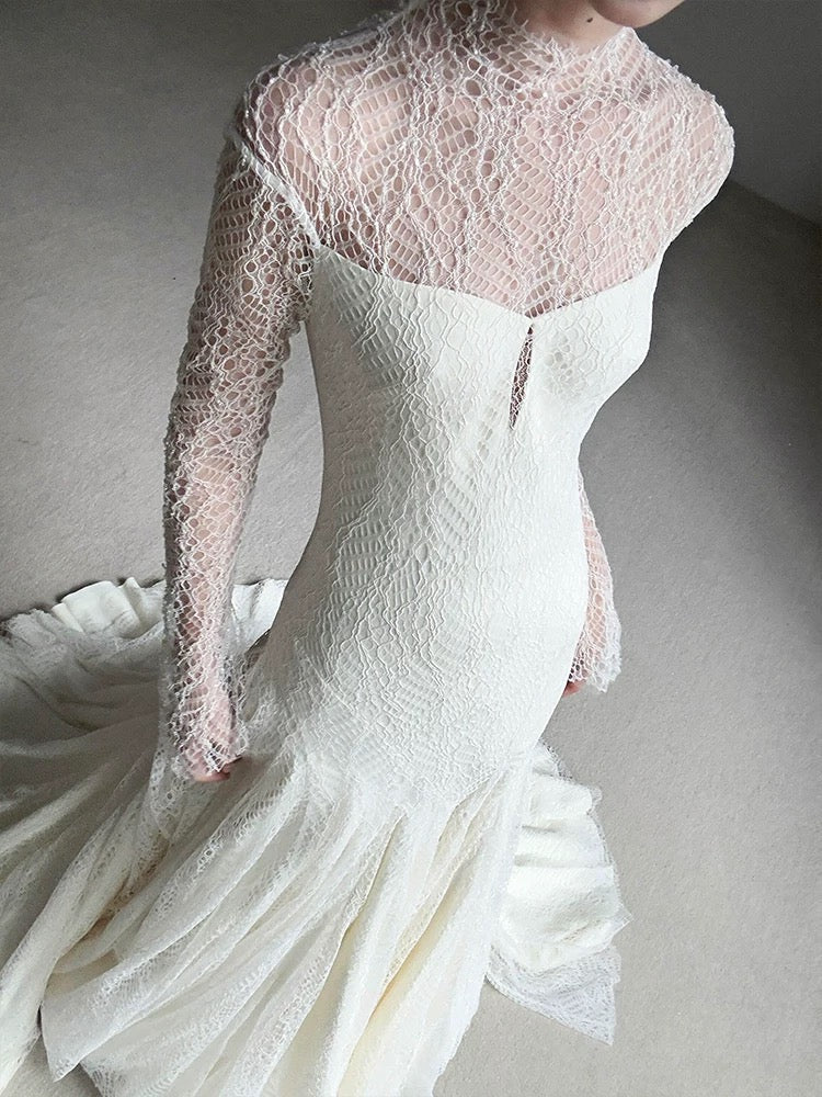 Vintage Wedding Dress Mermaid High Neck Long Sleeves White Lace Summer Long Wedding Dresses Bridal Gowns W0748