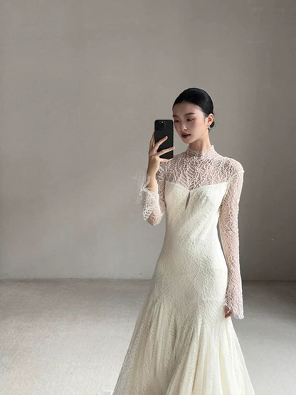 Vintage Wedding Dress Mermaid High Neck Long Sleeves White Lace Summer Long Wedding Dresses Bridal Gowns W0748