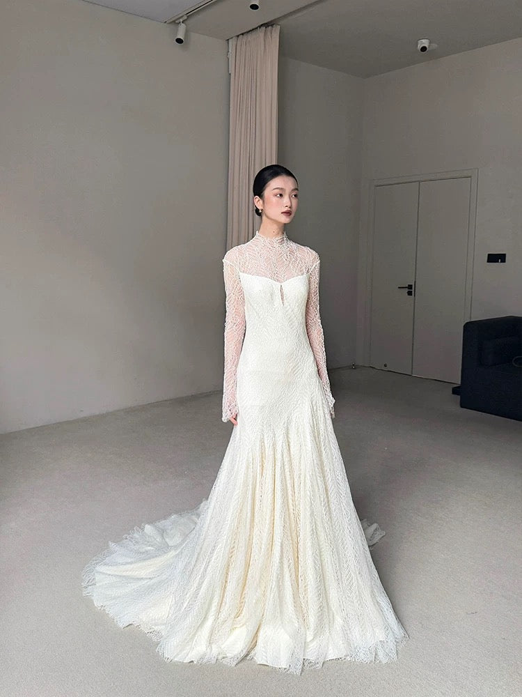 Vintage Wedding Dress Mermaid High Neck Long Sleeves White Lace Summer Long Wedding Dresses Bridal Gowns W0748