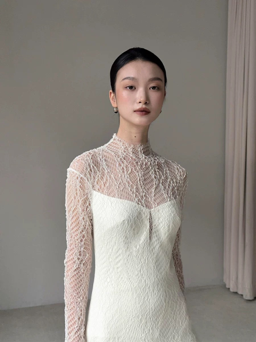 Vintage Wedding Dress Mermaid High Neck Long Sleeves White Lace Summer Long Wedding Dresses Bridal Gowns W0748