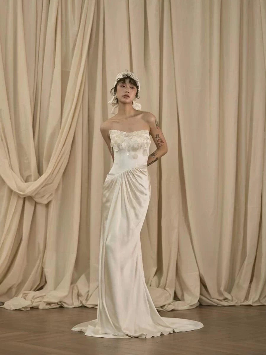 Vintage Wedding Dress Mermaid Strapless White Summer Long Wedding Dresses Bridal Gowns W0751