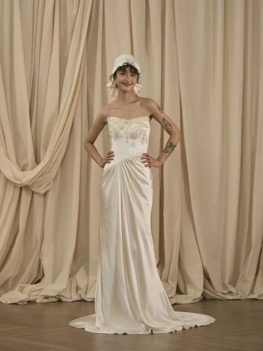Vintage Wedding Dress Mermaid Strapless White Summer Long Wedding Dresses Bridal Gowns W0751