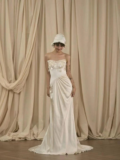 Vintage Wedding Dress Mermaid Strapless White Summer Long Wedding Dresses Bridal Gowns W0751