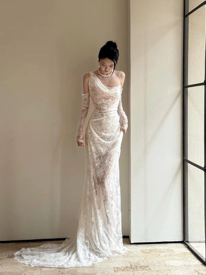 Vintage Wedding Dress Mermaid Irregular Neck White Lace Summer Long Wedding Dresses Bridal Gowns W0752