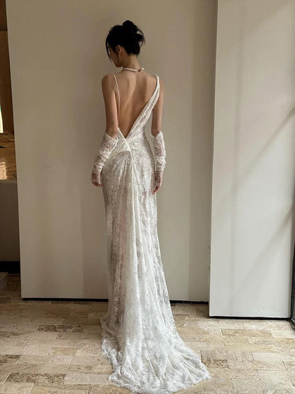 Vintage Wedding Dress Mermaid Irregular Neck White Lace Summer Long Wedding Dresses Bridal Gowns W0752