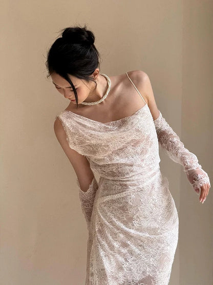 Vintage Wedding Dress Mermaid Irregular Neck White Lace Summer Long Wedding Dresses Bridal Gowns W0752