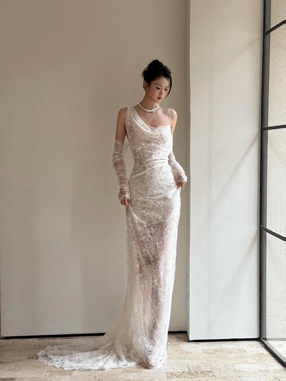 Vintage Wedding Dress Mermaid Irregular Neck White Lace Summer Long Wedding Dresses Bridal Gowns W0752