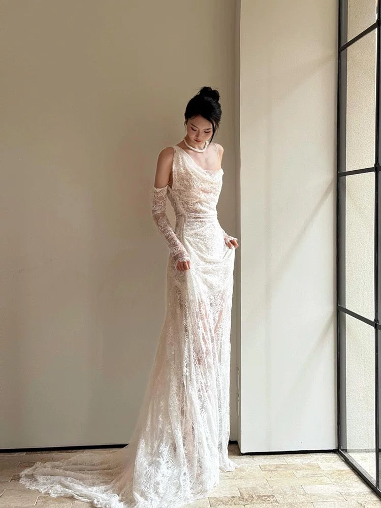 Vintage Wedding Dress Mermaid Irregular Neck White Lace Summer Long Wedding Dresses Bridal Gowns W0752
