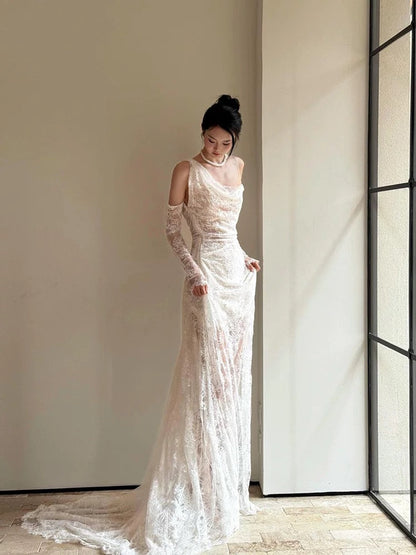 Vintage Wedding Dress Mermaid Irregular Neck White Lace Summer Long Wedding Dresses Bridal Gowns W0752