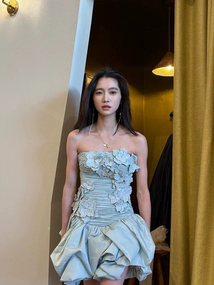 Sexy Sheath Strapless Blue Flowers Short Homecoming Dress Summer Hoco Dresses Cocktail Dress 18th Birthday Outfits W0753