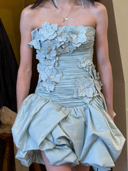 Sexy Sheath Strapless Blue Flowers Short Homecoming Dress Summer Hoco Dresses Cocktail Dress 18th Birthday Outfits W0753