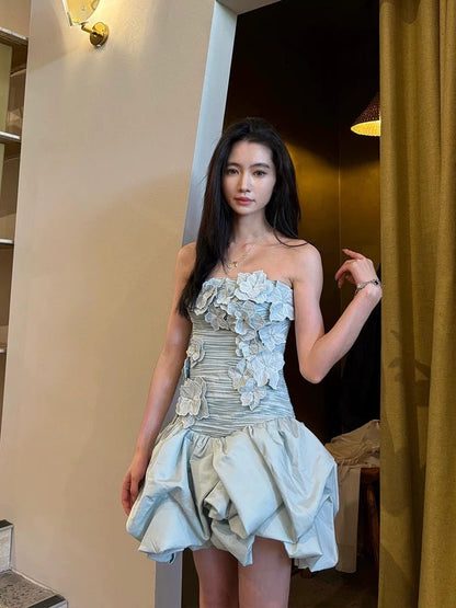 Sexy Sheath Strapless Blue Flowers Short Homecoming Dress Summer Hoco Dresses Cocktail Dress 18th Birthday Outfits W0753