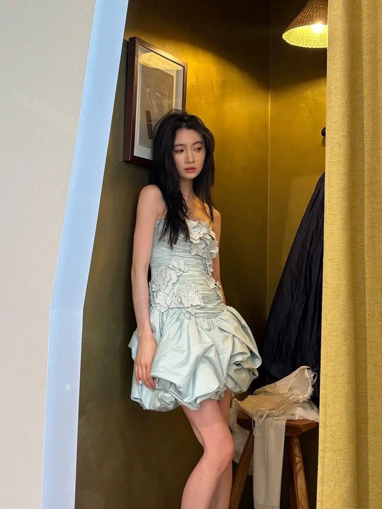 Sexy Sheath Strapless Blue Flowers Short Homecoming Dress Summer Hoco Dresses Cocktail Dress 18th Birthday Outfits W0753