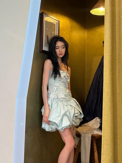 Sexy Sheath Strapless Blue Flowers Short Homecoming Dress Summer Hoco Dresses Cocktail Dress 18th Birthday Outfits W0753