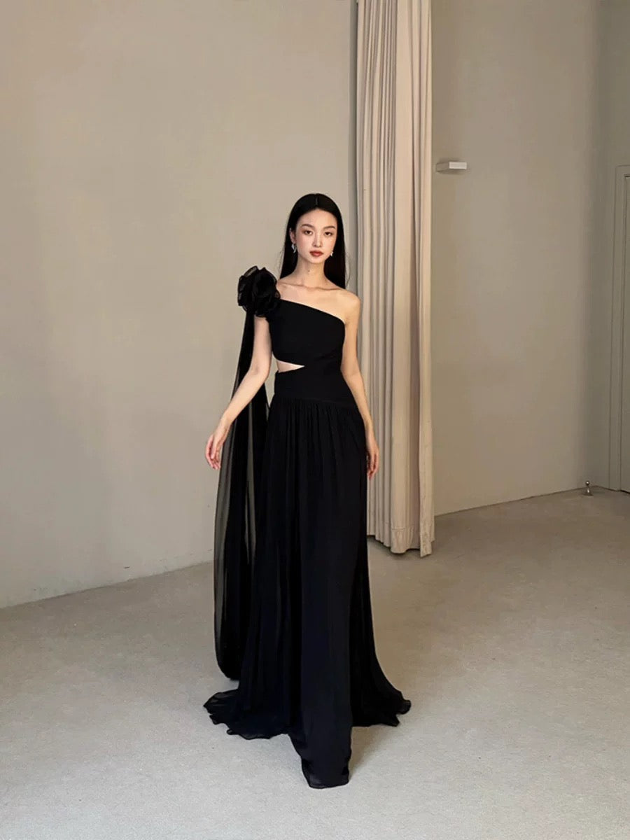Classy A line One Shoulder Black Chiffon Long Prom Gown Summer Wedding Guest Dress Bridal Guest Dresses Wedding Outfits For Guest W0756