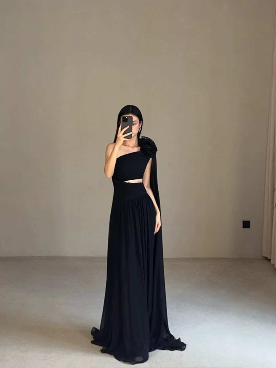 Classy A line One Shoulder Black Chiffon Long Prom Gown Summer Wedding Guest Dress Bridal Guest Dresses Wedding Outfits For Guest W0756
