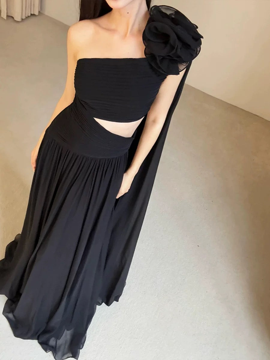 Classy A line One Shoulder Black Chiffon Long Prom Gown Summer Wedding Guest Dress Bridal Guest Dresses Wedding Outfits For Guest W0756