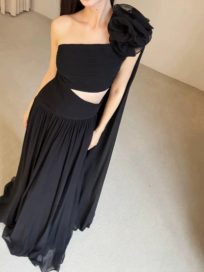 Classy A line One Shoulder Black Chiffon Long Prom Gown Summer Wedding Guest Dress Bridal Guest Dresses Wedding Outfits For Guest W0756