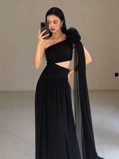 Classy A line One Shoulder Black Chiffon Long Prom Gown Summer Wedding Guest Dress Bridal Guest Dresses Wedding Outfits For Guest W0756