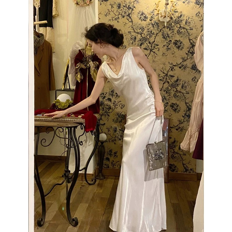 Vintage Wedding Dress Sheath Satin White Summer Beach Long Wedding Dresses Bridal Gowns W0759