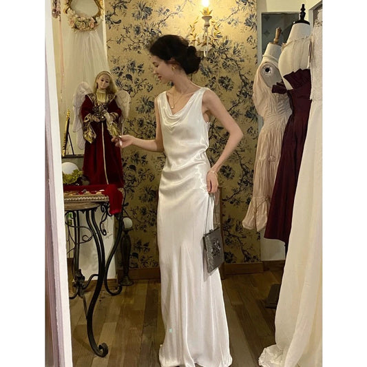 Vintage Wedding Dress Sheath Satin White Summer Beach Long Wedding Dresses Bridal Gowns W0759