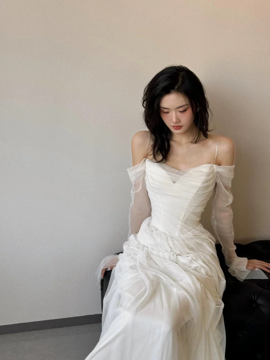 Vintage Wedding Dress Sheath Tulle White Summer Beach Long Sleeves Wedding Dresses Bridal Gowns W0762