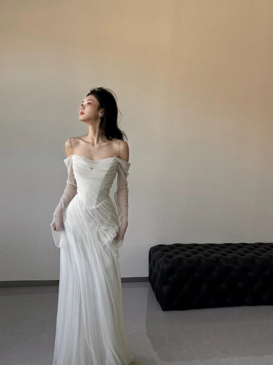 Vintage Wedding Dress Sheath Tulle White Summer Beach Long Sleeves Wedding Dresses Bridal Gowns W0762