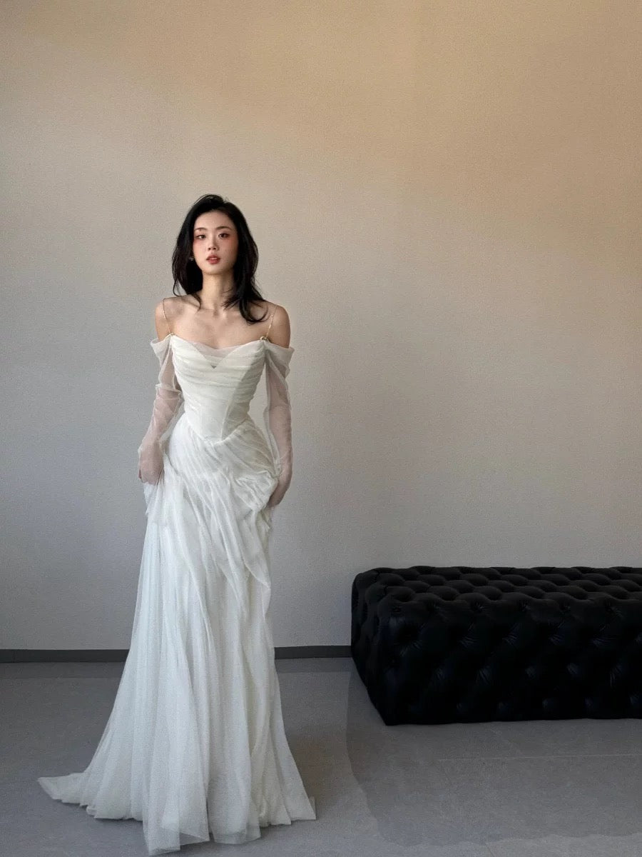 Vintage Wedding Dress Sheath Tulle White Summer Beach Long Sleeves Wedding Dresses Bridal Gowns W0762