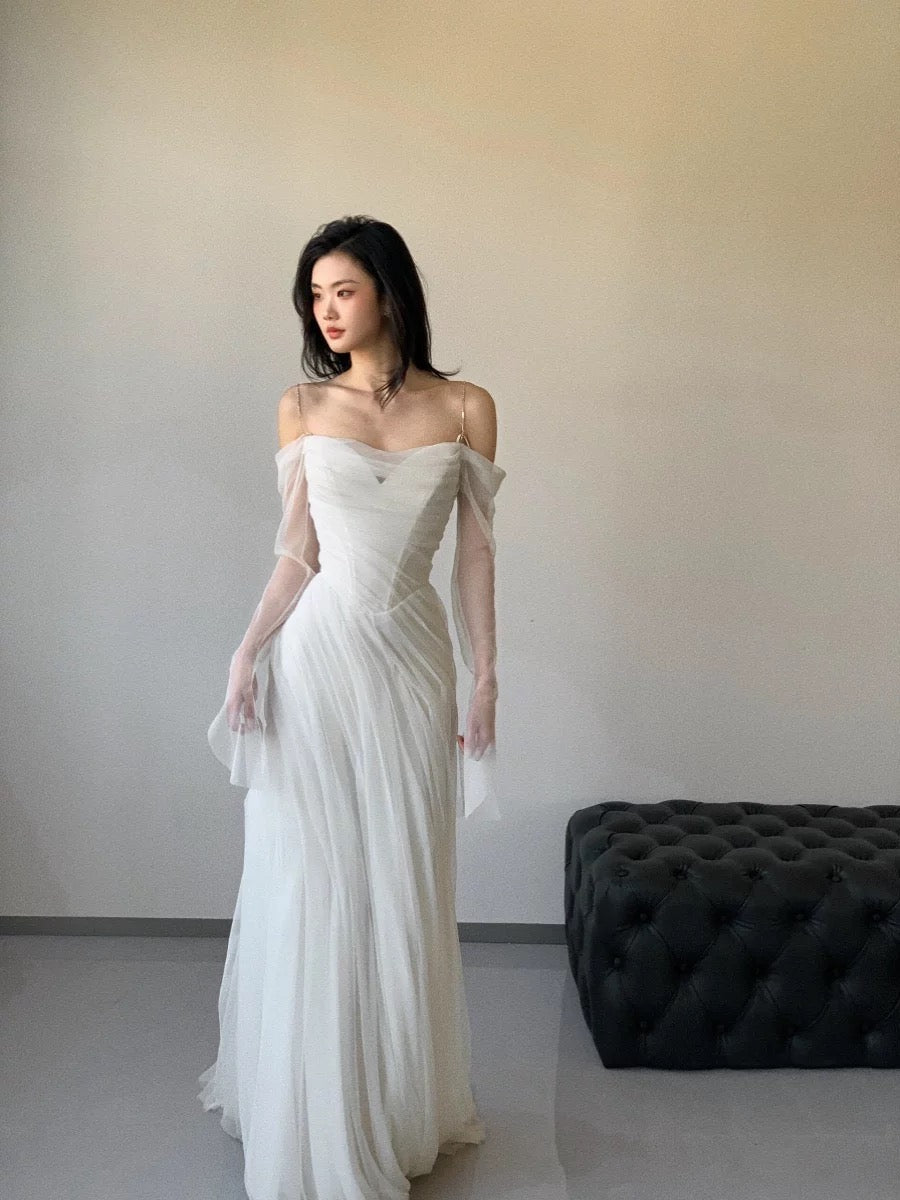 Vintage Wedding Dress Sheath Tulle White Summer Beach Long Sleeves Wedding Dresses Bridal Gowns W0762