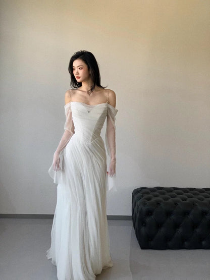 Vintage Wedding Dress Sheath Tulle White Summer Beach Long Sleeves Wedding Dresses Bridal Gowns W0762