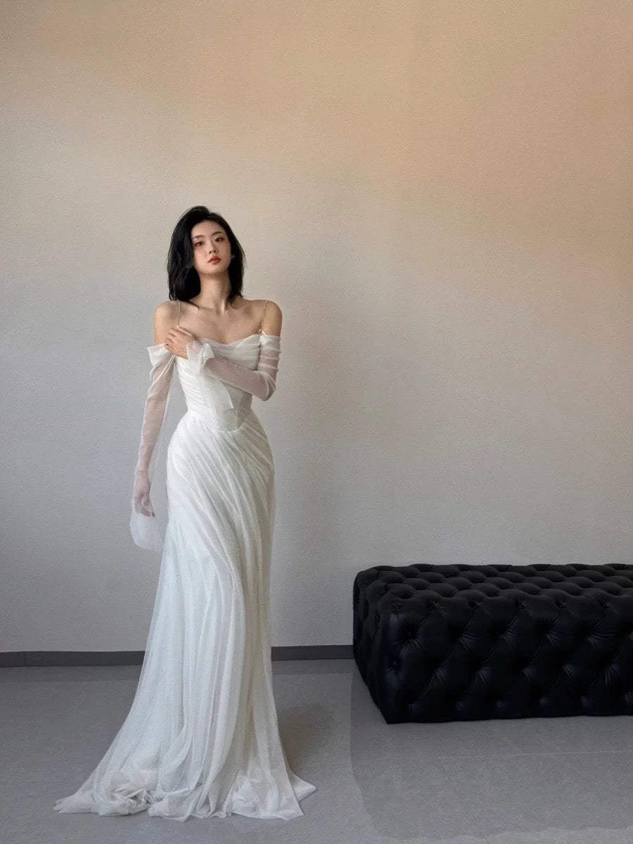 Vintage Wedding Dress Sheath Tulle White Summer Beach Long Sleeves Wedding Dresses Bridal Gowns W0762