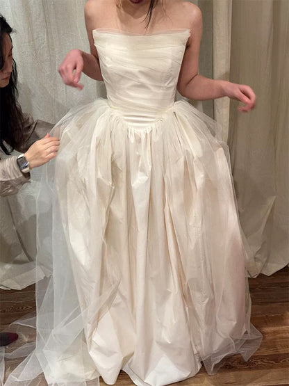 Vintage Wedding Dress Ball Gown Strapless Ivory Summer Long Wedding Dresses Bridal Gowns W0764