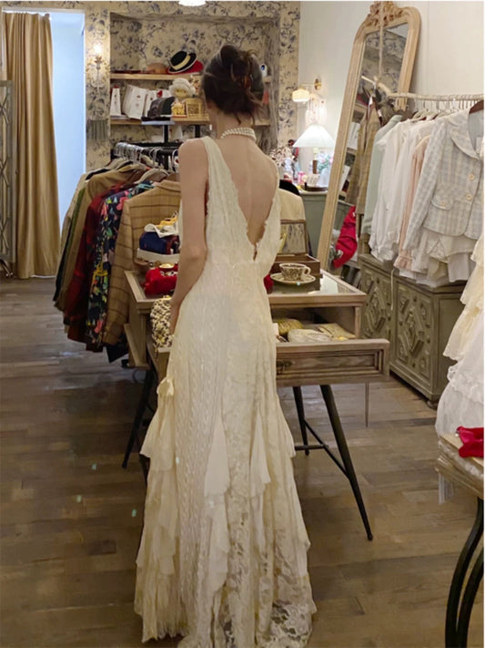 Vintage Wedding Dress A line V Neck Lace Ivory Summer Beach Long Wedding Dresses Bridal Gowns W0765