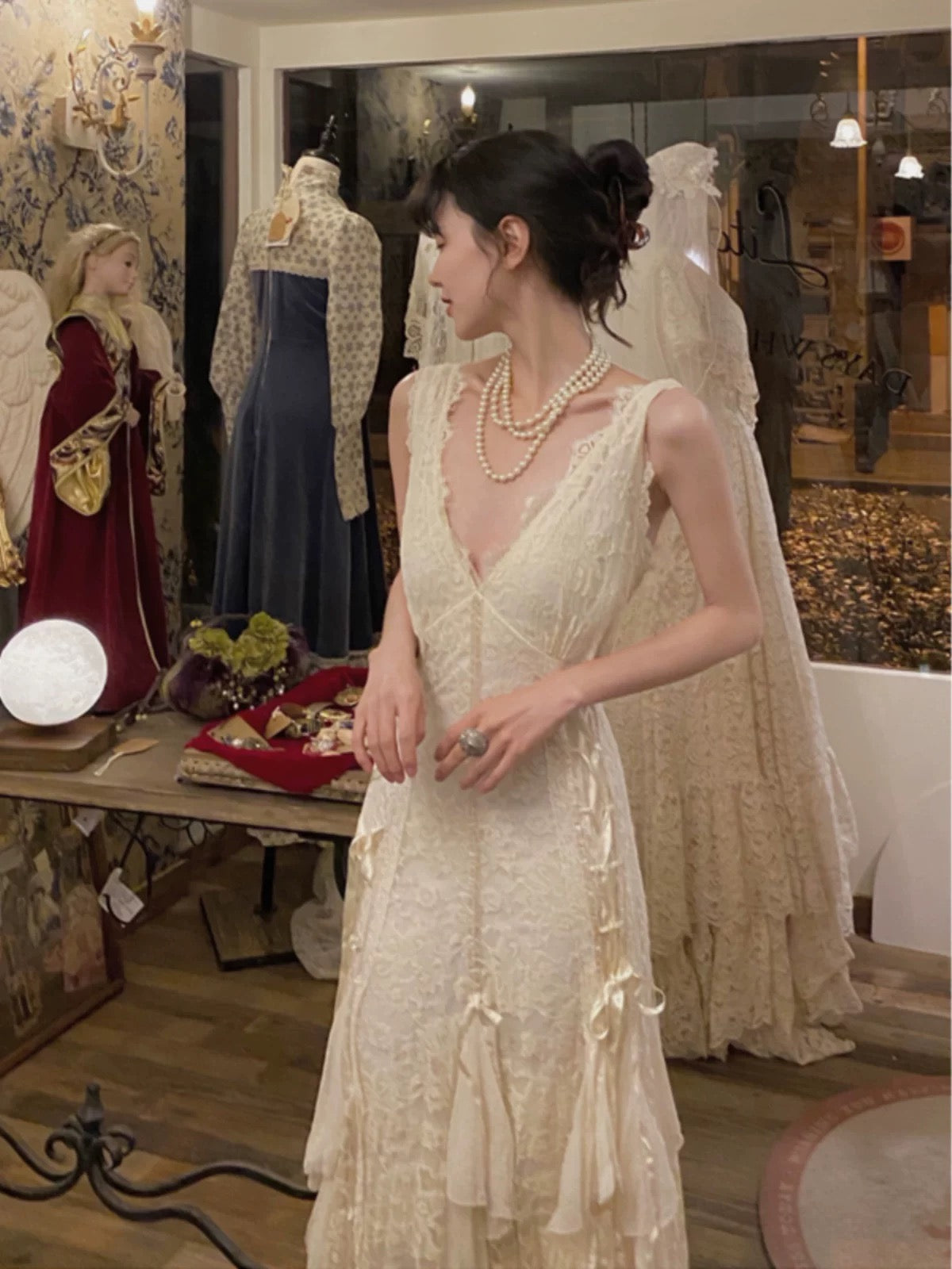 Vintage Wedding Dress A line V Neck Lace Ivory Summer Beach Long Wedding Dresses Bridal Gowns W0765