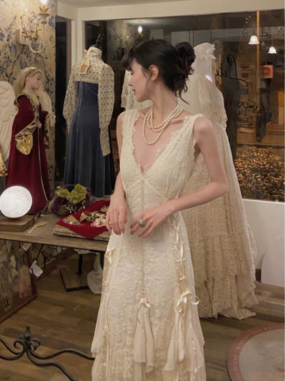 Vintage Wedding Dress A line V Neck Lace Ivory Summer Beach Long Wedding Dresses Bridal Gowns W0765