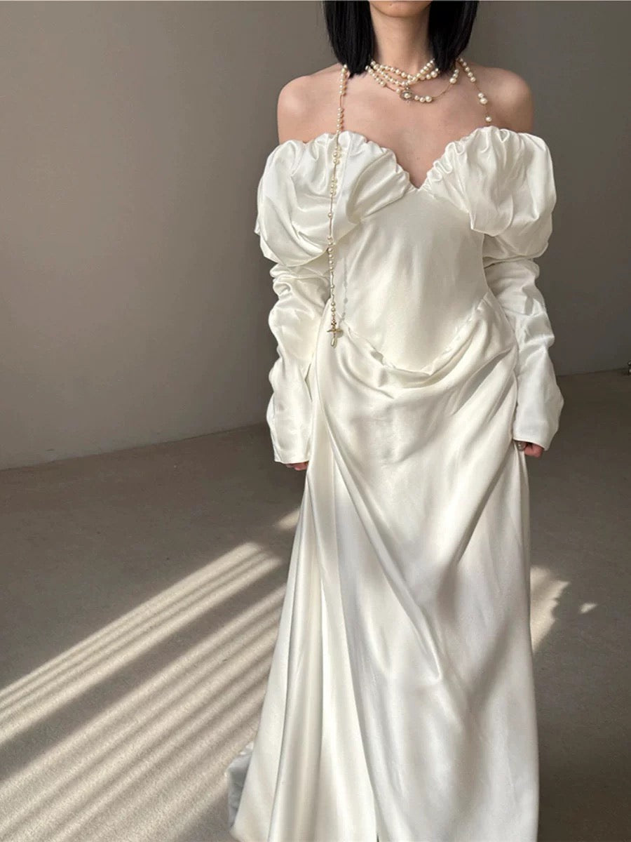 Vintage Wedding Dress Sheath Off The Shoulder Long Sleeves White Summer Beach Long Sleeves Wedding Dresses Bridal Gowns W0769